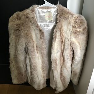 White/brown faux fur coat
